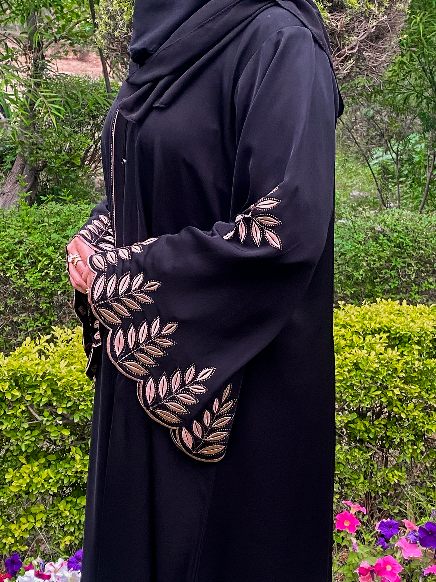 Noir Leaf Embroidered Abaya