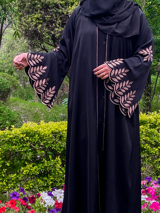 Noir Leaf Embroidered Abaya